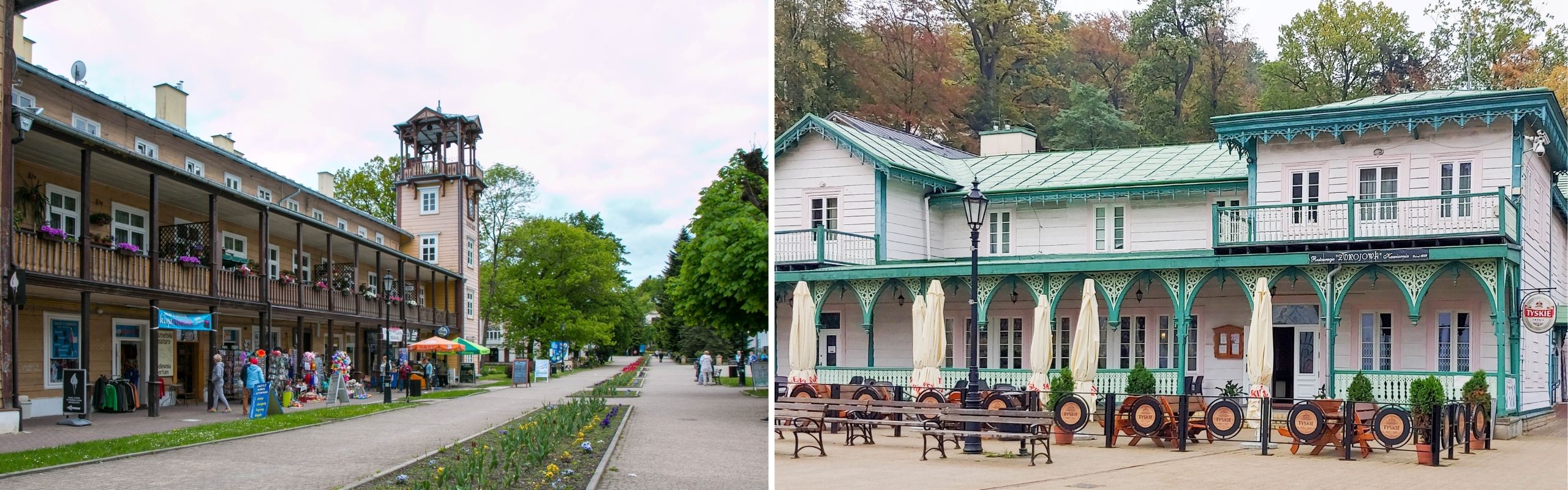 Iwonicz-Zdrój, początek zabytkowej części miasta. Budynek Bazaru  restauracji.